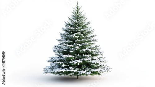 Snow-covered Christmas tree on a bright white background ideal for holiday-themed designs and festive decorations.