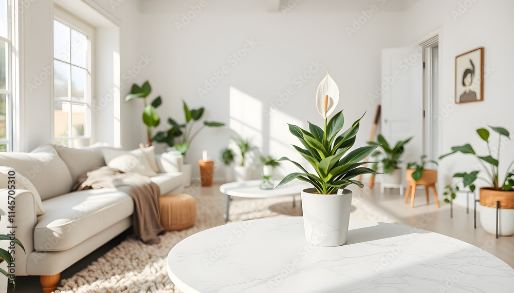 Fototapeta premium Tranquil Living Room with Peace Lily on Elegant Marble Tabletop