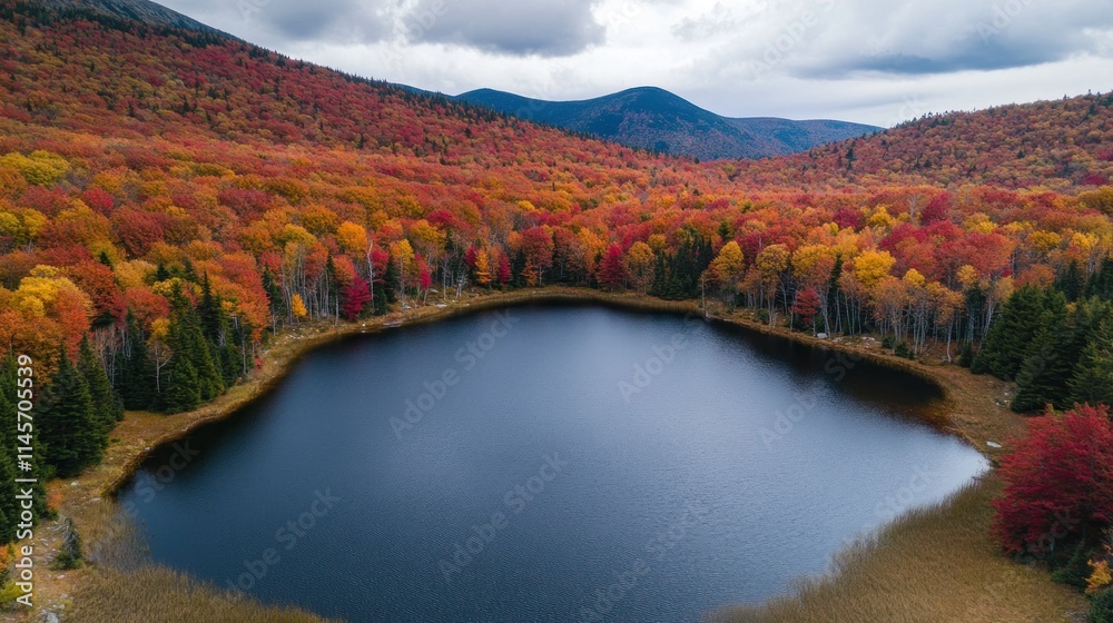 Aerial view of a serene autumn lake surrounded by trees. Aerial view of a serene autumn lake surrounded by trees.