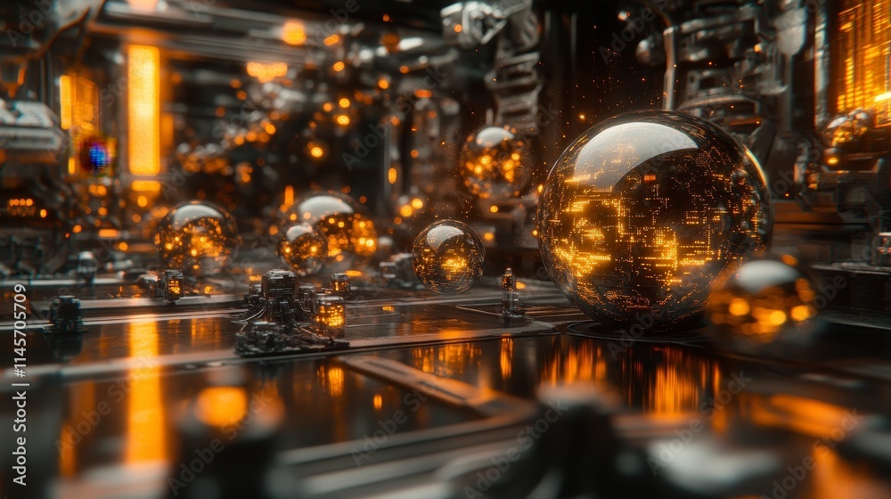 Glowing orange orbs illuminate a dark futuristic cityscape. Metallic structures and intricate details create a mesmerizing scene of advanced technology and urban complexity. Glowing orange orbs illuminate a dark futuristic cityscape. Metallic structures and intricate details create a mesmerizing scene of advanced technology and urban complexity.