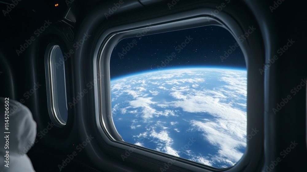 A spacecraft window reveals a stunning view of Earth, showcasing blue oceans and white clouds against the backdrop of space. A spacecraft window reveals a stunning view of Earth, showcasing blue oceans and white clouds against the backdrop of space.