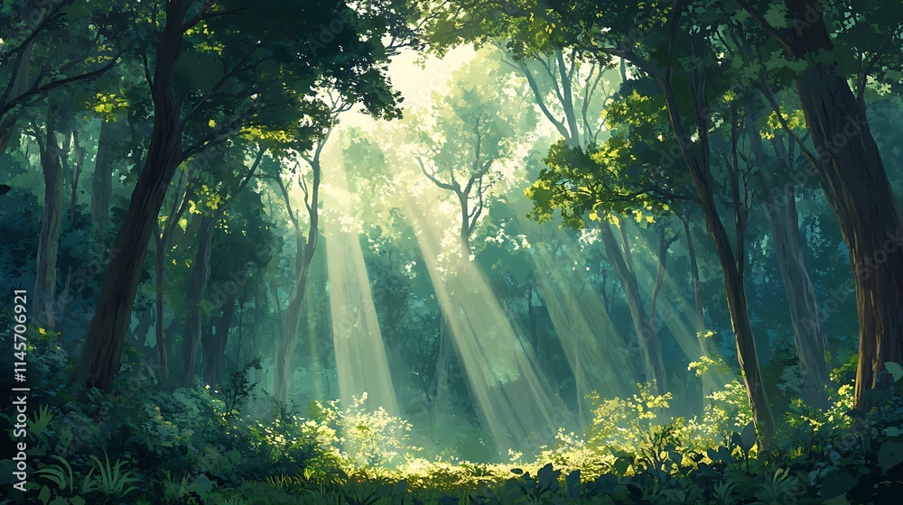 A serene forest scene with beams of sunlight streaming through tall trees, illuminating the rich foliage below, creating a peaceful ambiance A serene forest scene with beams of sunlight streaming through tall trees, illuminating the rich foliage below, creating a peaceful ambiance
