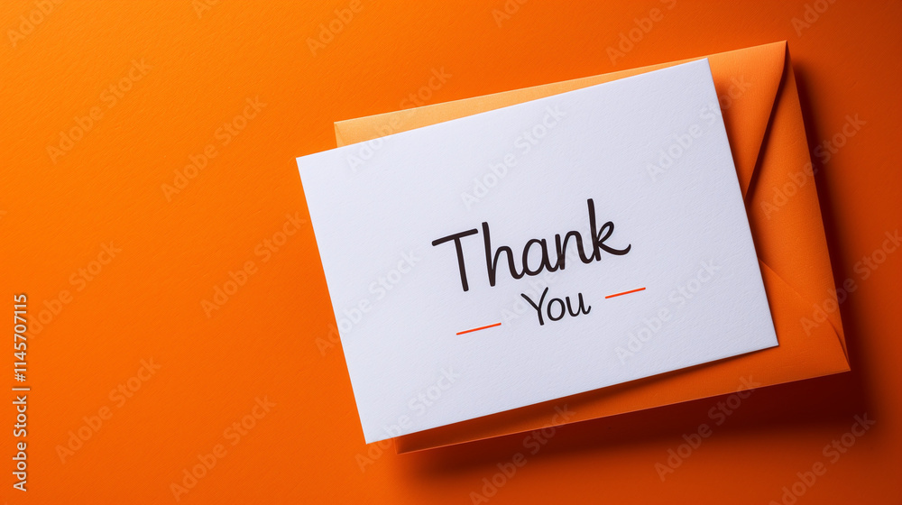 Simple white 'Thank You' card on an orange envelope for clean and modern appreciation designs. Simple white 'Thank You' card on an orange envelope for clean and modern appreciation designs.