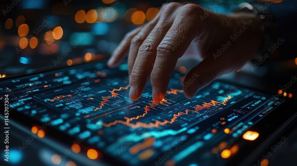 Hand interacting with a digital data interface. Hand interacting with a digital data interface.