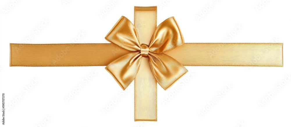 Elegant thin gold ribbon with a decorative bow arranged in a cross pattern isolated on a clean white background for festive occasions Elegant thin gold ribbon with a decorative bow arranged in a cross pattern isolated on a clean white background for festive occasions