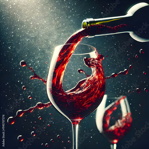 A glass of red wine being poured, with the wine splashing and creating an abstract pattern against a dark background, wine glass, celebration party concept