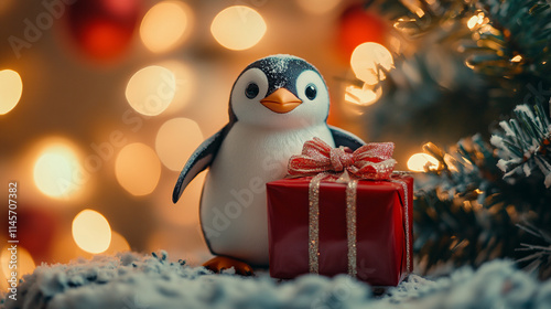 A cute penguin holding a gift, standing beside a beautifully decorated Christmas tree, surrounded by a cozy holiday atmosphere.