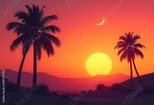 Desert Sunset with Crescent Moon and Palm Trees