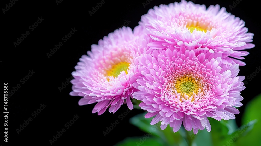 Obraz premium Three pink flowers on black background.