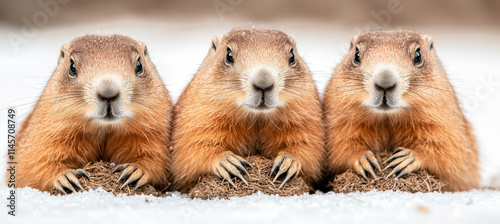 Three groundhogs sitting on snow, looking curiously at camera