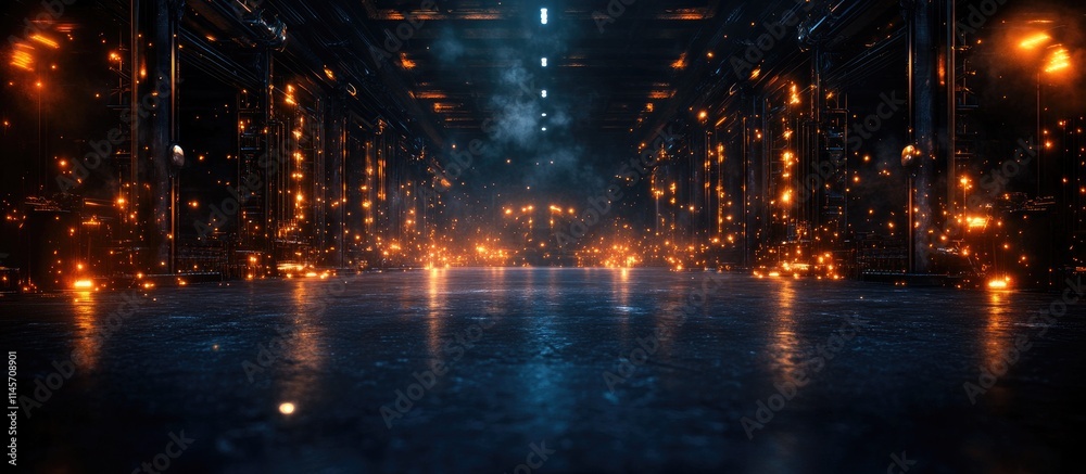 Naklejka premium Industrial warehouse interior showcasing manufacturing and production lines with sparks and dramatic lighting creating a high-tech atmosphere