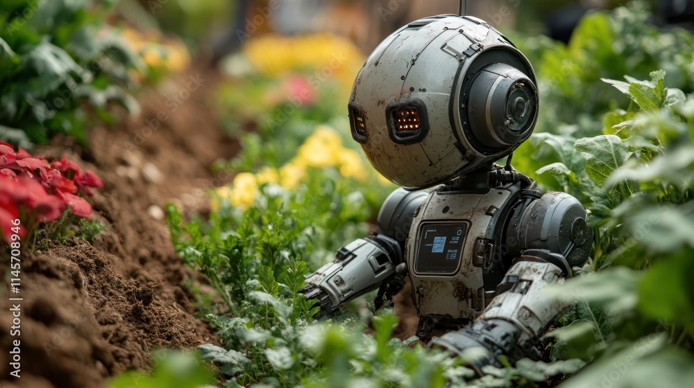 Robot tending to plants in a garden setting. Robot tending to plants in a garden setting.