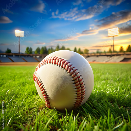 baseball sitting on the grass in the middle photo