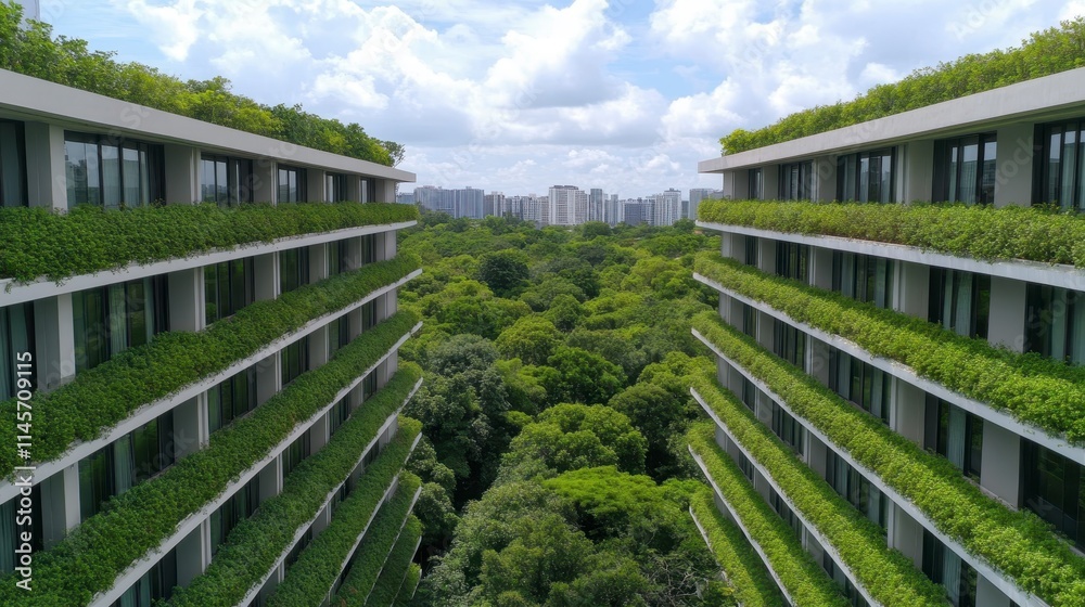 Aerial view of modern buildings surrounded by lush greenery and trees, showcasing a harmonious blend of nature and architecture. Aerial view of modern buildings surrounded by lush greenery and trees, showcasing a harmonious blend of nature and architecture.