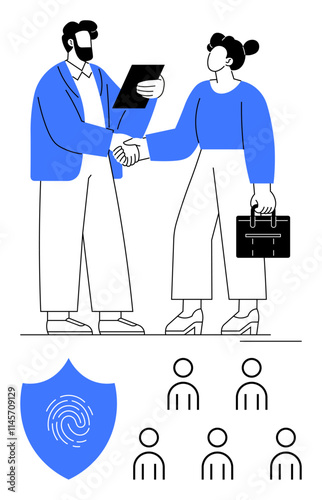 Wallpaper Mural Two professionals shaking hands, one holding a document, other a briefcase. Below, blue security shield with fingerprint and six team icons. Ideal for business, teamwork, partnership, agreement Torontodigital.ca
