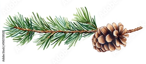Christmas tree branch with pinecone illustration showcasing natural beauty and holiday spirit. Ideal for seasonal decorations or festive designs.