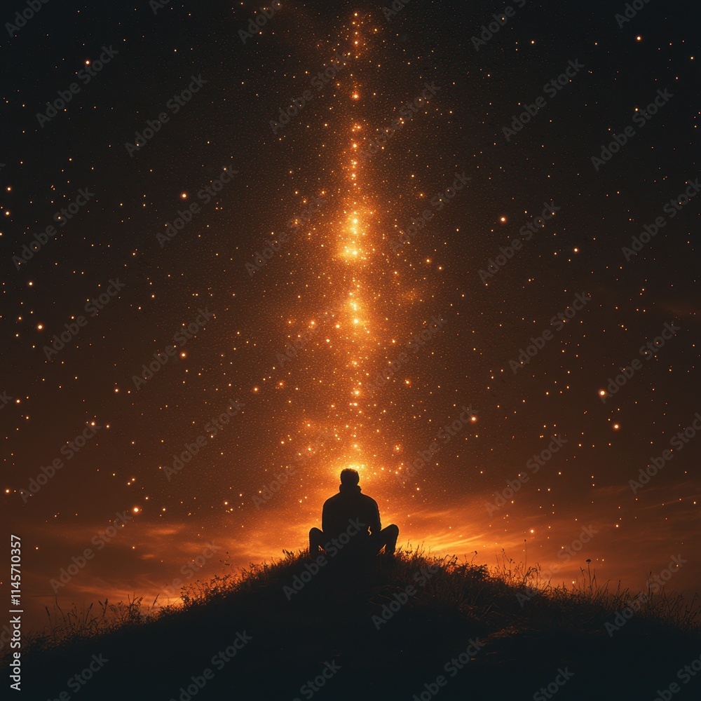 Lone Figure Sitting on a Hill Watching a Scenic Sunset in Peace Lone Figure Sitting on a Hill Watching a Scenic Sunset in Peace