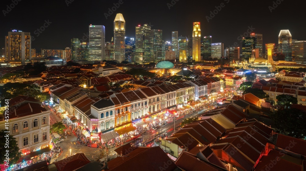 Night cityscape panorama of vibrant city street with historic buildings and modern skyscrapers. Night cityscape panorama of vibrant city street with historic buildings and modern skyscrapers.