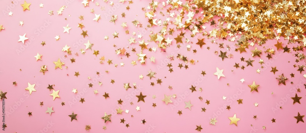 Gold glittering star confetti scattered on a soft pink textured background creating a festive and vibrant celebration atmosphere Gold glittering star confetti scattered on a soft pink textured background creating a festive and vibrant celebration atmosphere