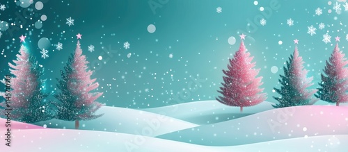 Colorful Christmas trees in a snowy landscape with a soft gradient background and falling snowflakes creating a festive atmosphere