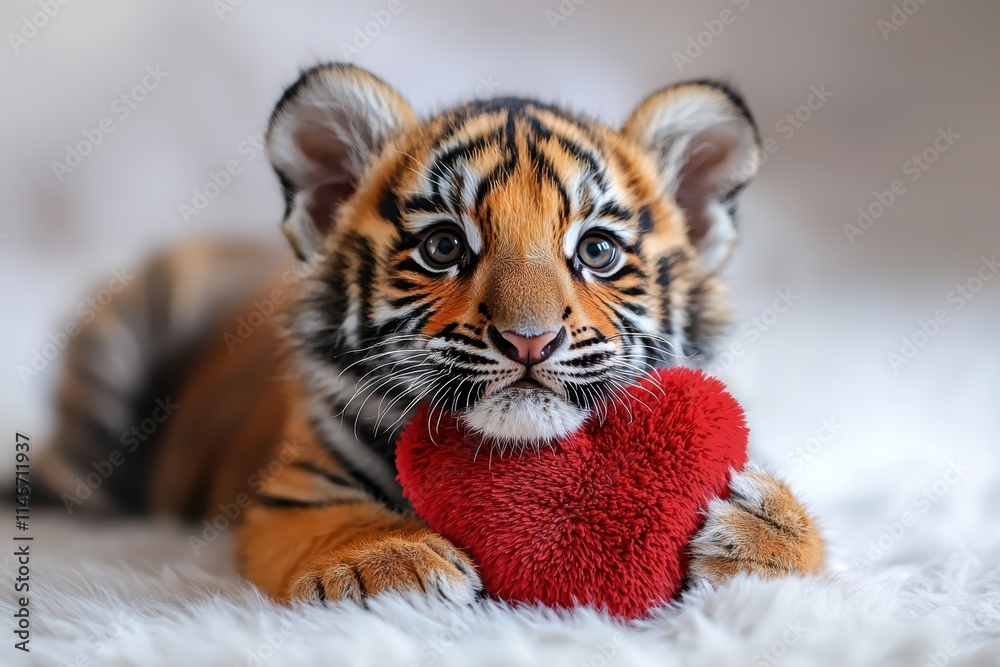 Obraz premium Adorable baby tiger cub snuggling a heart plush toy cozy indoor setting high-quality photography whimsical vibe