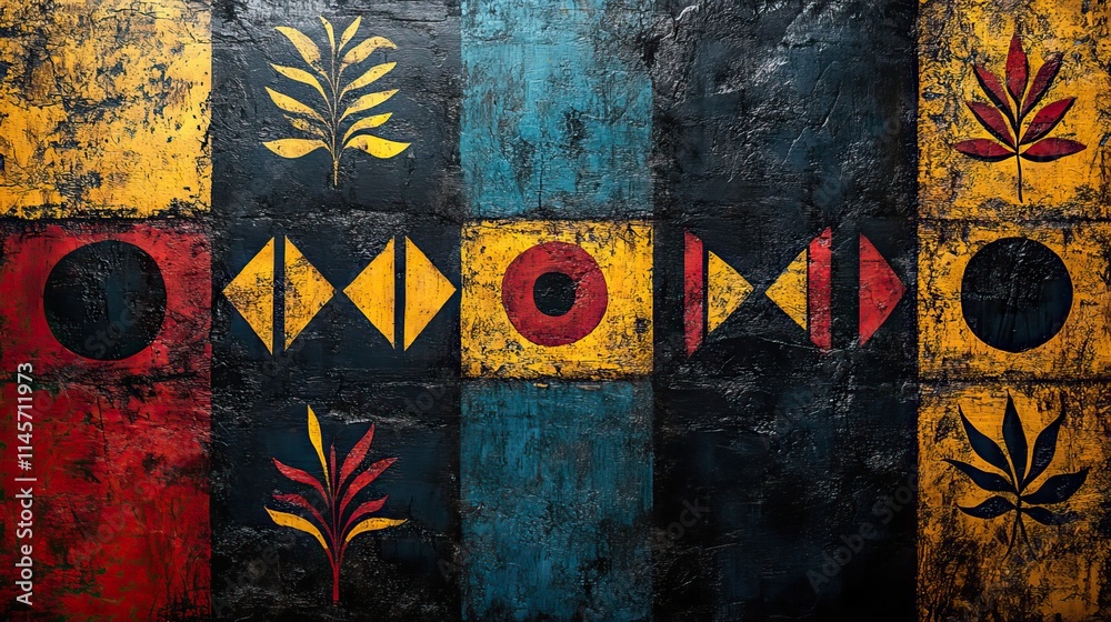 African pattern on art painting, graphic design of indigenous pattern, vintage creative wallpaper with color for culture, spiritual sign, texture of tribal plants.