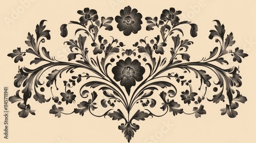Elegant vintage floral ornament design with intricate black patterns and decorative elements on a soft background.
