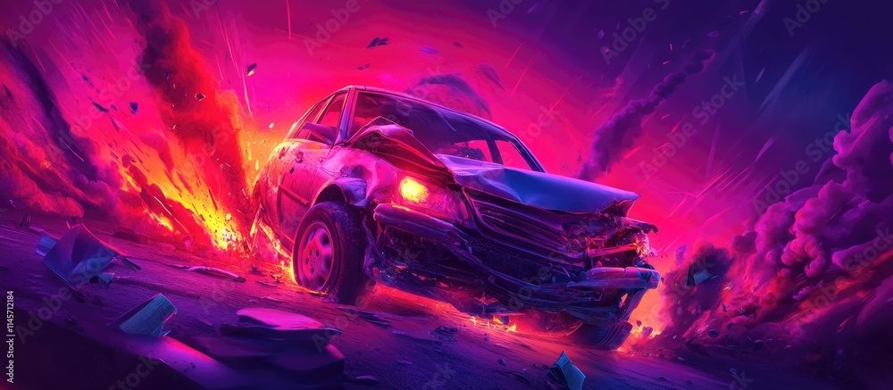 Fototapeta premium Red car involved in a dramatic road accident with vibrant colors emphasizing vehicle damage and the importance of road safety awareness