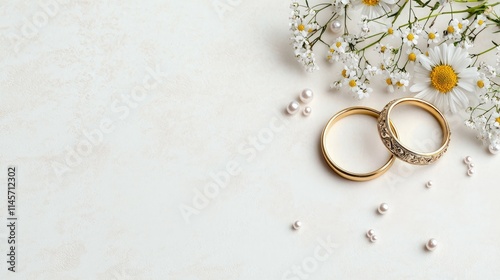 Wedding rings, daisies, pearls on beige.