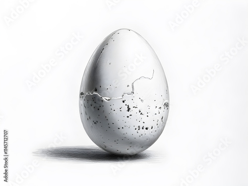 Black pencil sketch of a cracked egg on a white background, for food and kitchen cooking designs