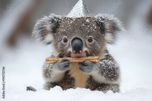 Baby koala celebrates with golden noisemaker in snowy wonderland cute animal photography winter environment adorable viewpoint photo