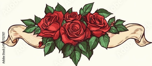 Fototapeta Naklejka Na Ścianę i Meble -  Valentine's Day red roses bouquet with elegant banner celebrating love and romance in a classic vintage style illustration