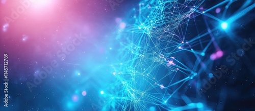 Abstract visualization of high voltage electric energy transmission with futuristic blue and pink network connections representing infrastructure technology.