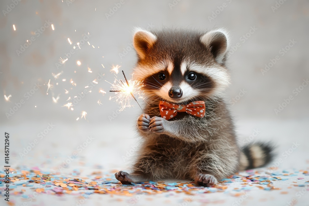 Festive baby raccoon celebrates with sparkler in colorful confetti studio setting adorable animal photography Festive baby raccoon celebrates with sparkler in colorful confetti studio setting adorable animal photography