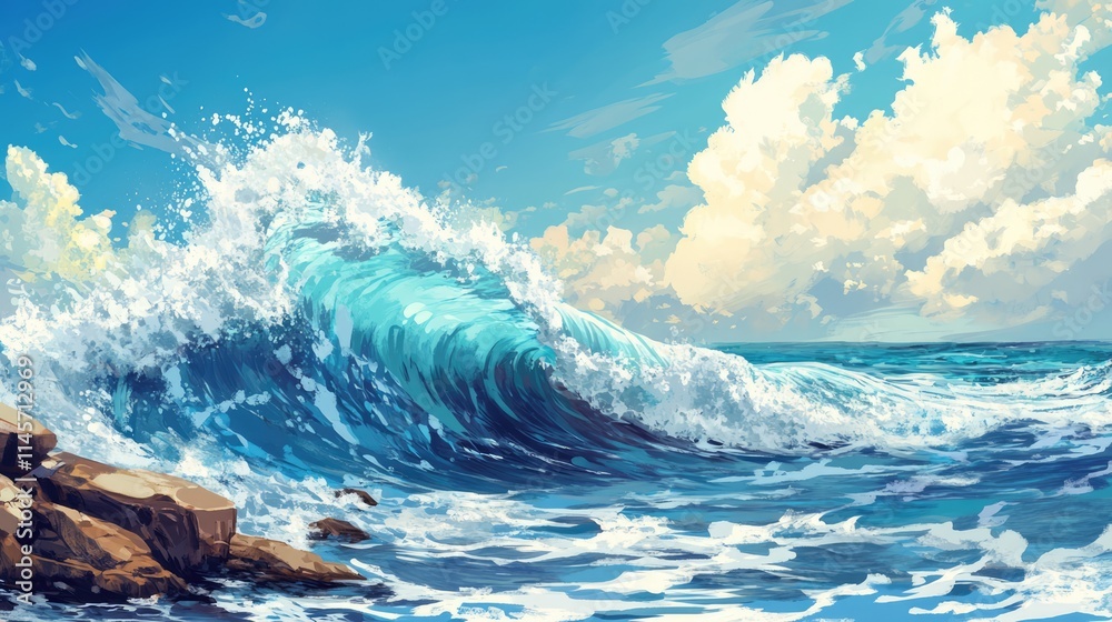 Obraz premium Dramatic ocean wave crashing against rocky shoreline with vibrant splashes of water under a blue sky and fluffy clouds