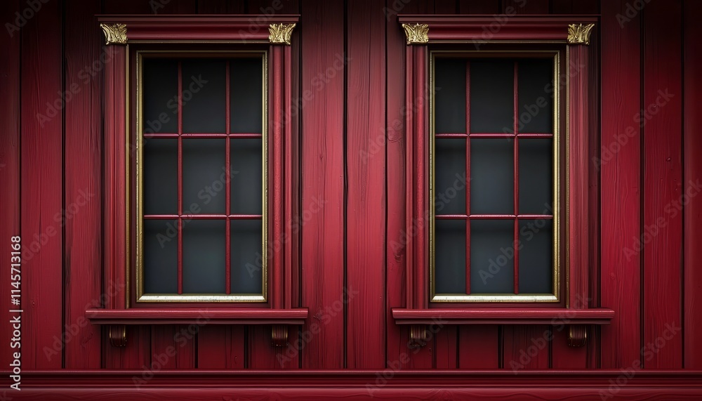 Two Ornate Red Windows On Wooden Wall Two Ornate Red Windows On Wooden Wall