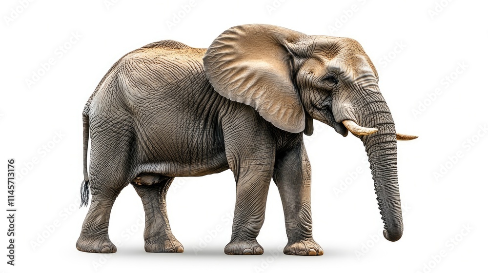 Fototapeta premium Realistic depiction of an elephant standing alone on a clean white background showcasing its details and textures for artistic and educational use.
