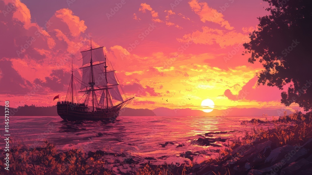 Fototapeta premium Serene sunset over tranquil waters with a sailing ship silhouetted against vibrant colors creating a peaceful coastal landscape.