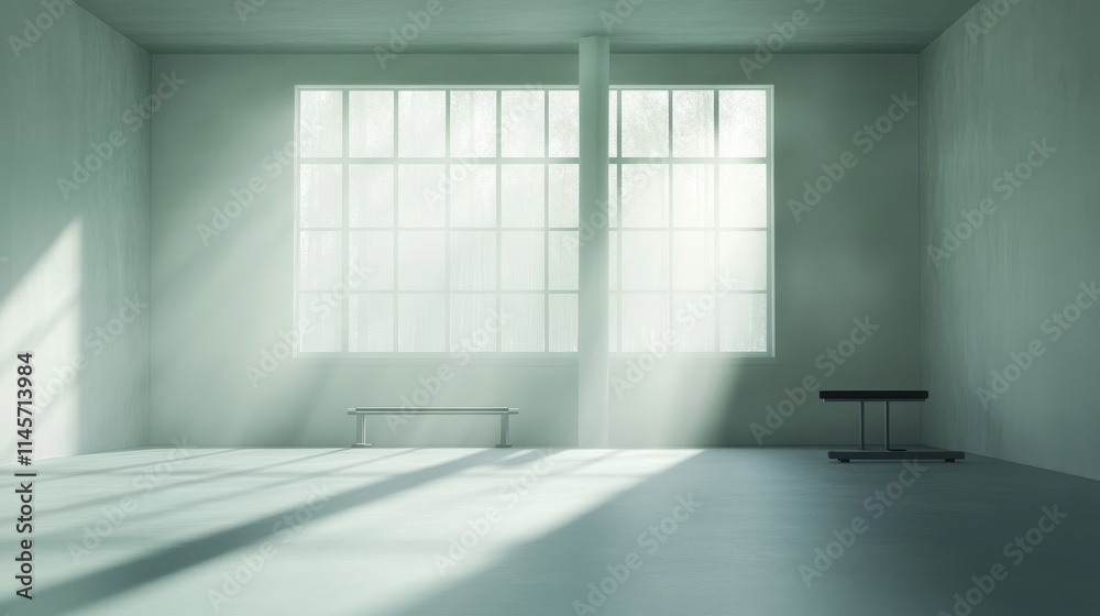 Fototapeta premium Serene Studio Space: Sunlight streams through large industrial windows illuminating a minimalist, empty room. The perfect backdrop for creative projects or design concepts. 