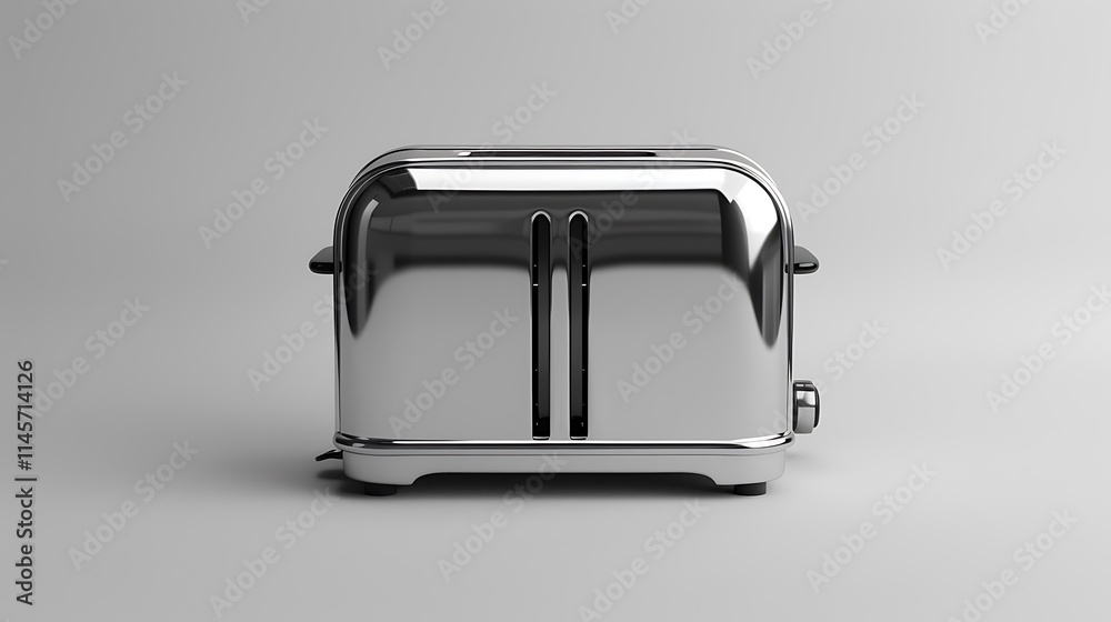 A sleek metal toaster with two slots, placed perfectly against white. A sleek metal toaster with two slots, placed perfectly against white.