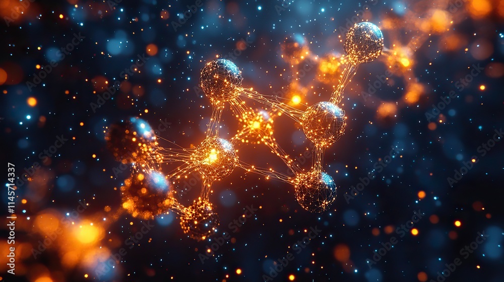 Fototapeta premium An abstract molecule with a network model represents science and connection, symbolizing system structure, biology, future study, and particles with a marble atom graphic.