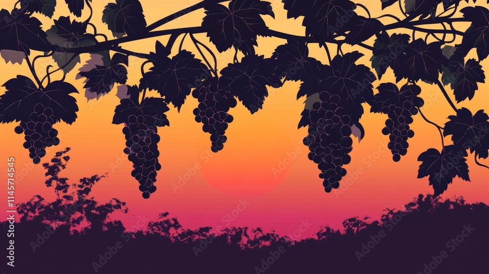 Obraz premium Grape Vine Silhouette Against a Vibrant Sunset Background in a Scenic Landscape