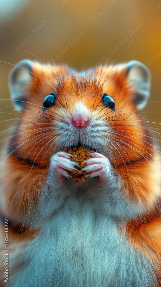 A close-up of a cute hamster holding a treat in its paws, showcasing its vibrant fur. A close-up of a cute hamster holding a treat in its paws, showcasing its vibrant fur.