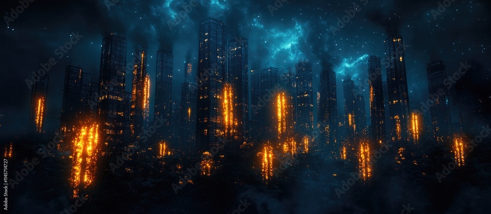 Fototapeta premium Futuristic cityscape at night with glowing buildings and dramatic clouds showcasing advanced technology and urban energy concepts