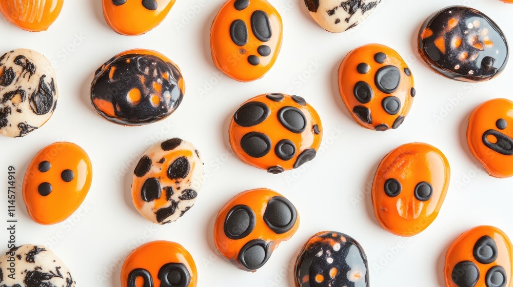 Colorful Halloween cookies in various shapes and patterns arranged on a white background perfect for festive celebrations and seasonal treats Colorful Halloween cookies in various shapes and patterns arranged on a white background perfect for festive celebrations and seasonal treats