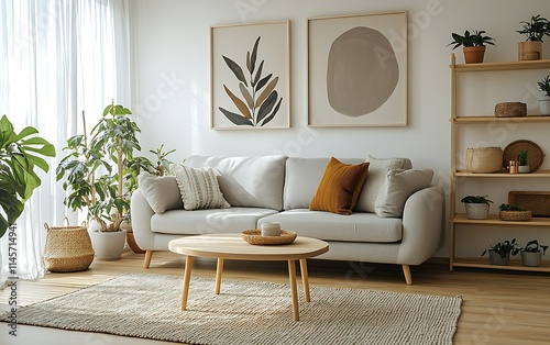 Light grey sofa in a bright living room with plants, wooden furniture, and abstract art.
