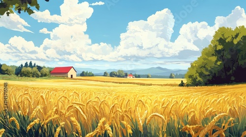 Sunny landscape of wheat fields with farm buildings under a blue sky and fluffy clouds in a picturesque rural setting. photo