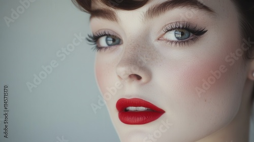 Close-up of a woman's face, showcasing flawless makeup and red lips. Ideal for beauty, fashion, or cosmetic advertising; showcasing makeup application and product quality.