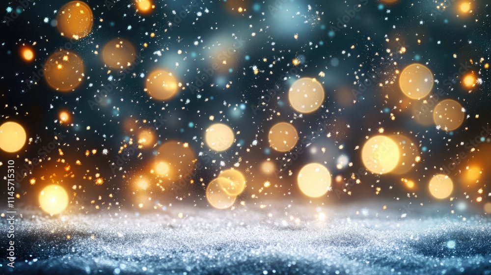 Obraz premium Snowflakes falling through softly blurred bokeh lights at night creating a dreamy winter atmosphere with an overlay texture for a snowstorm effect