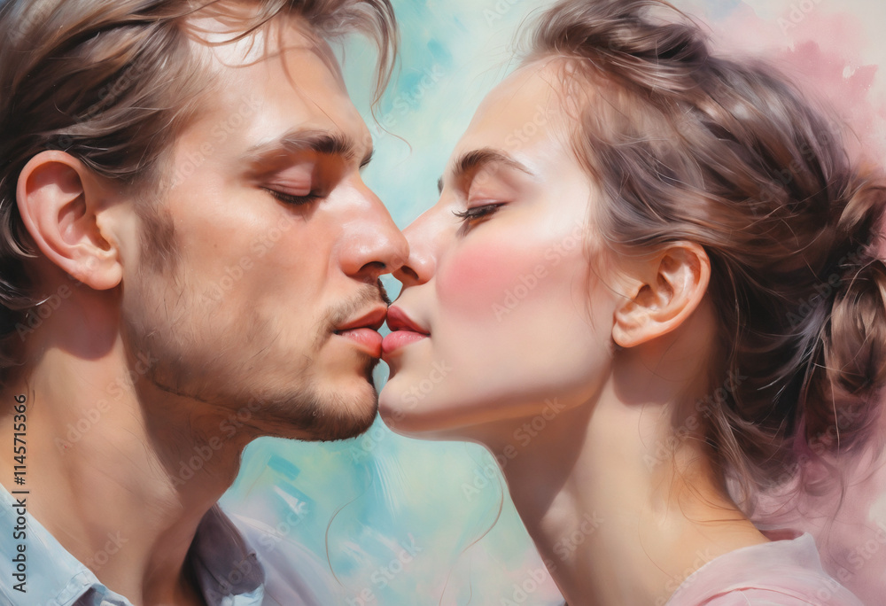 Romantic couple sharing an intimate kiss in soft light Romantic couple sharing an intimate kiss in soft light